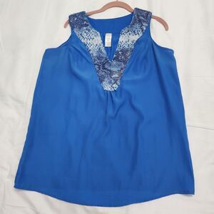 Avon Women's Blue Snakeskin Sequin Deep V-neck Pullover Tunic - Size M